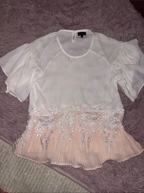 Delicate White & Blush Lace-Trim Pleated Women's Blouse